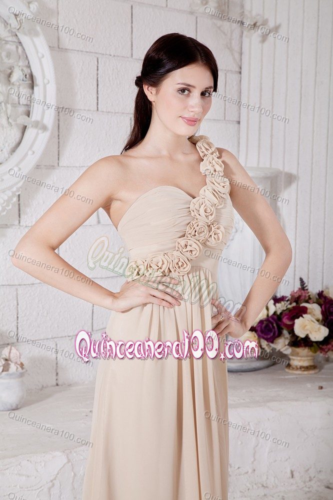 Champagne Empire One Shoulder Hand Made Flowers Dama Dress Floor-length