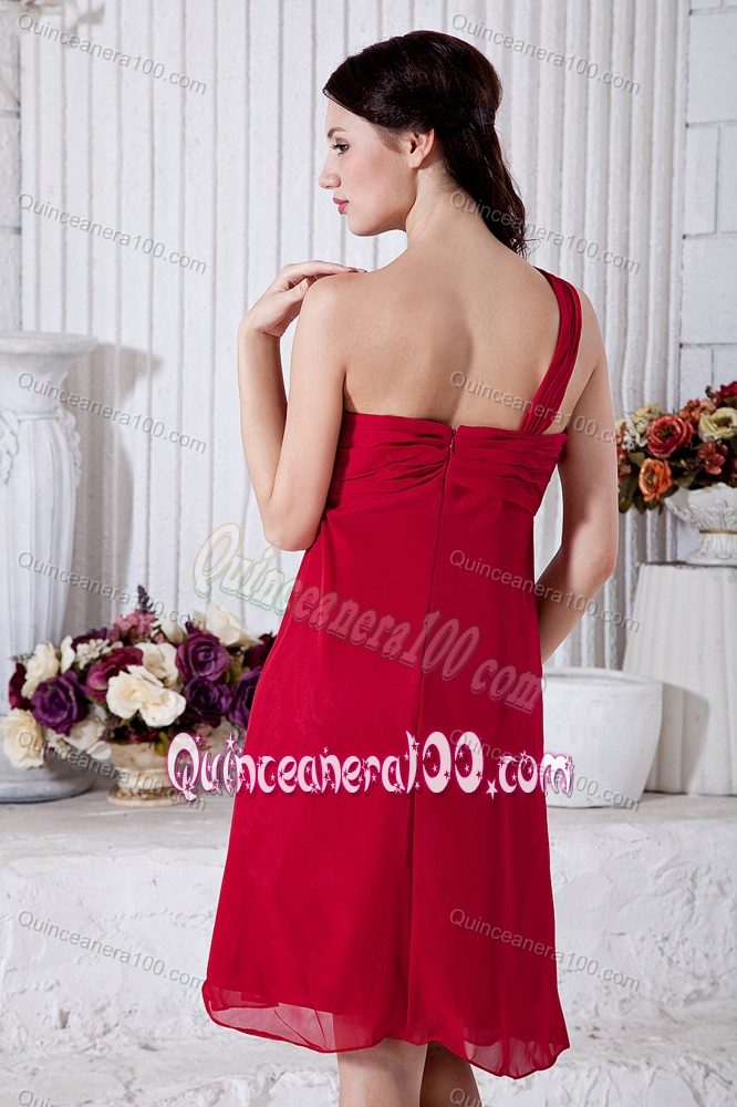 Wine Red Empire One Shoulder Knee-length Formal Dresses For Dama