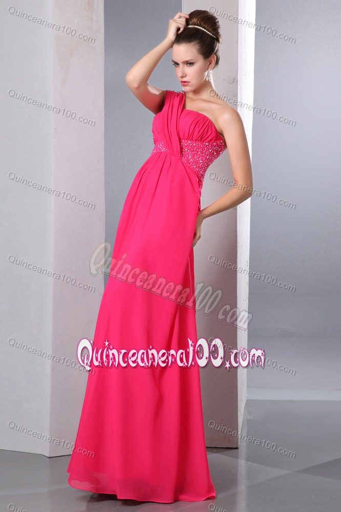 Floor-lengthHot Pink Empire One Shoulder Beaded Bridesmaid Dama Dresses