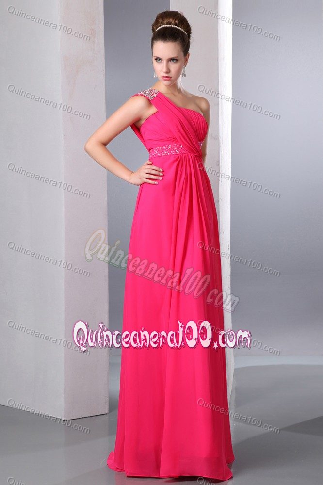 Floor-lengthHot Pink Empire One Shoulder Beaded Bridesmaid Dama Dresses