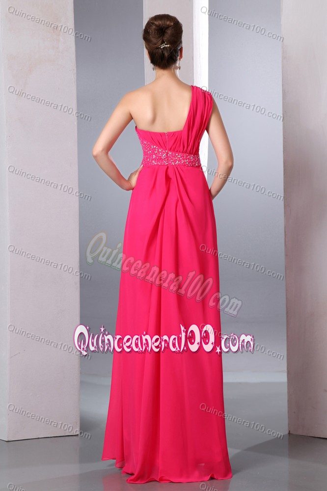 Floor-lengthHot Pink Empire One Shoulder Beaded Bridesmaid Dama Dresses