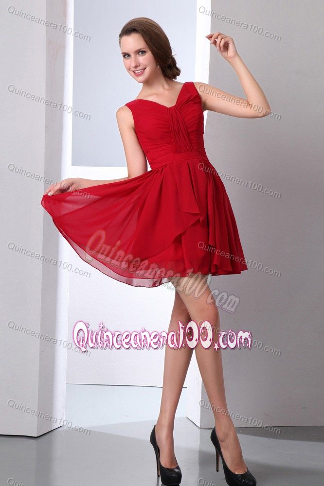 Wine Red Ruching Empire V-neck Mini-length Prom Dresses For Dama