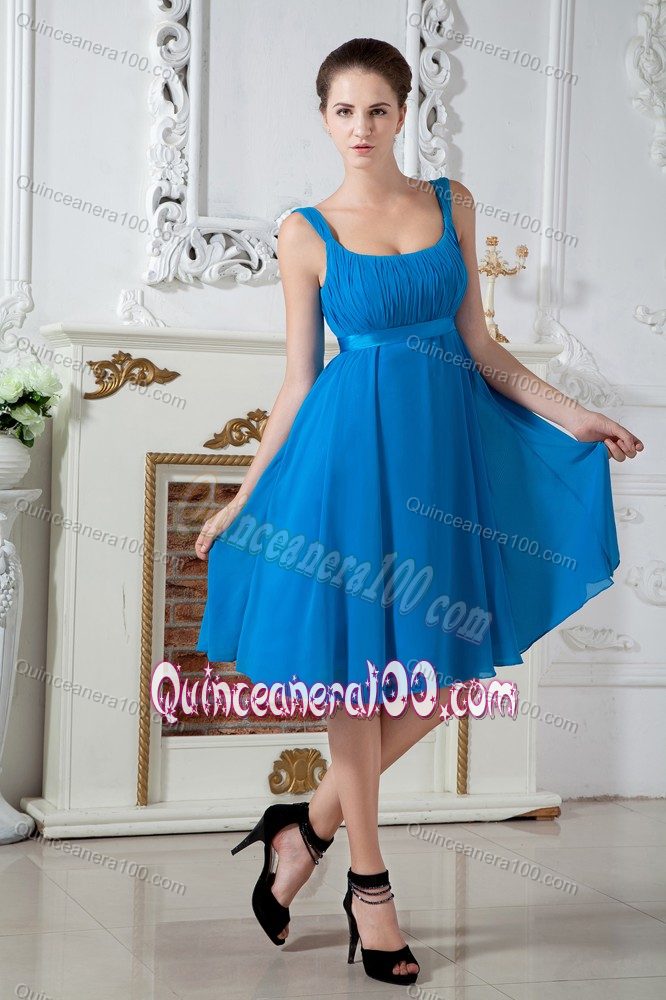 Teal Empire Straps Knee-length Chiffon Ruching Damas Dresses For Quince