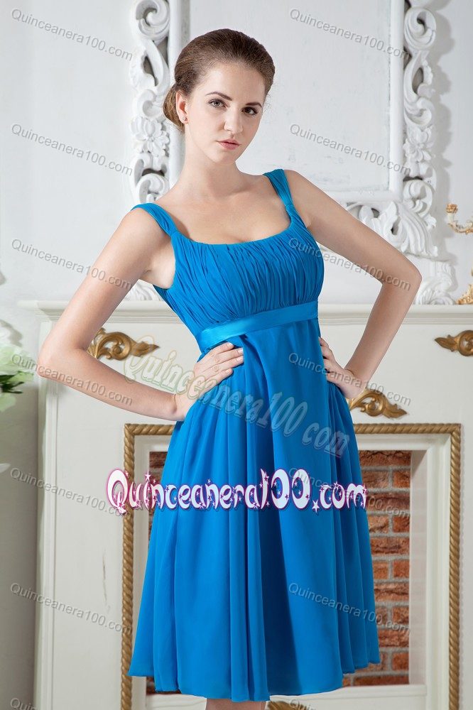 Teal Empire Straps Knee-length Chiffon Ruching Damas Dresses For Quince