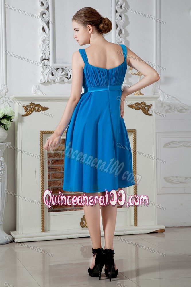 Teal Empire Straps Knee-length Chiffon Ruching Damas Dresses For Quince