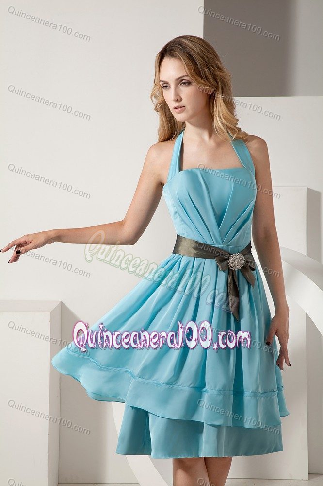 Aqua Blue A-line Halter Knee-length Formal Dresses For Dama with Bow