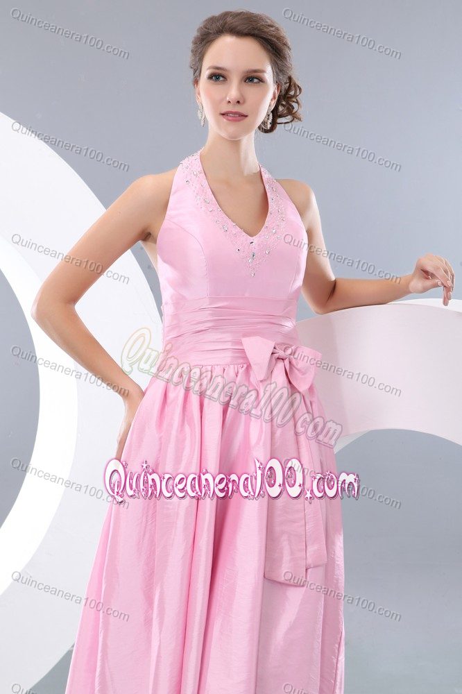 Pink Halter Tea-length Prom Dresses For Dama with Cute Bowknot