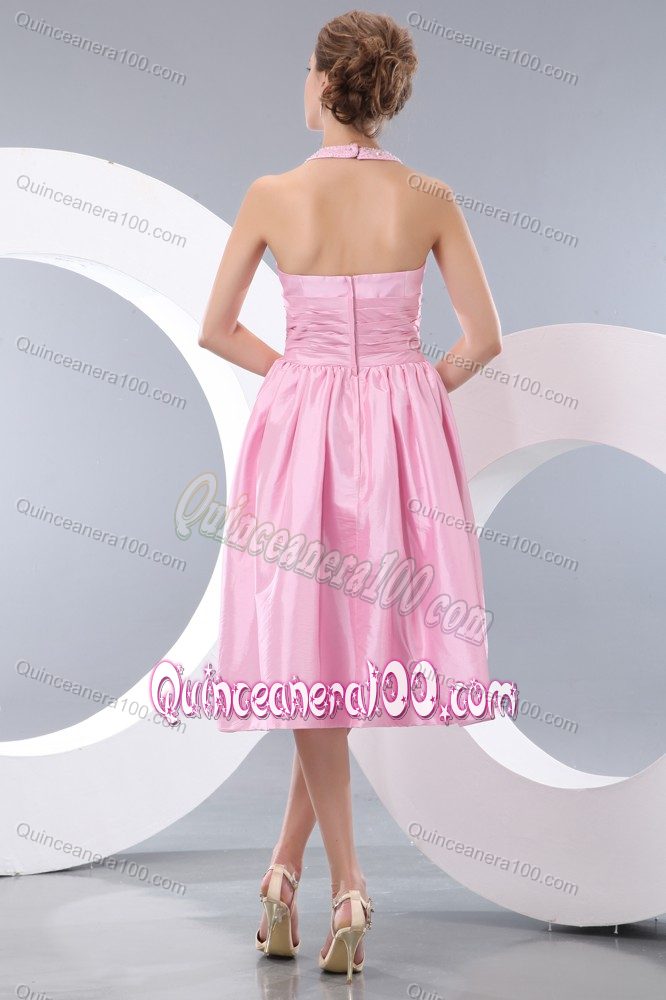 Pink Halter Tea-length Prom Dresses For Dama with Cute Bowknot