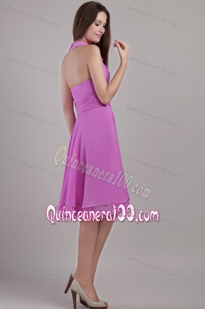 Lavender Empire Halter Top Knee-length Quince Dama Dresses Ruched