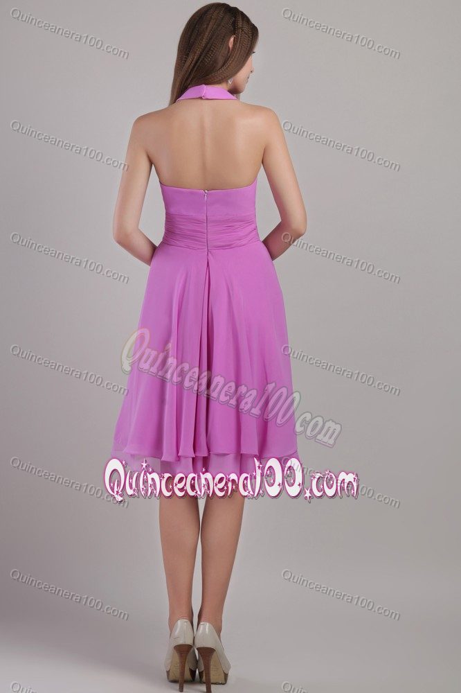 Lavender Empire Halter Top Knee-length Quince Dama Dresses Ruched