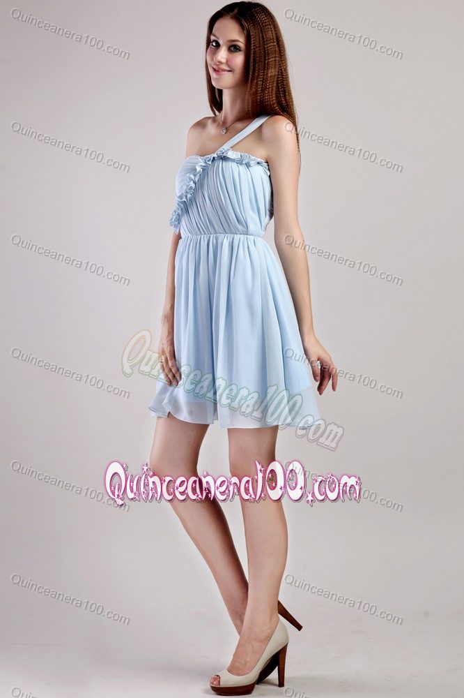 Light Blue Empire One Shoulder Mini-length Dama Dresses For Quinceanera