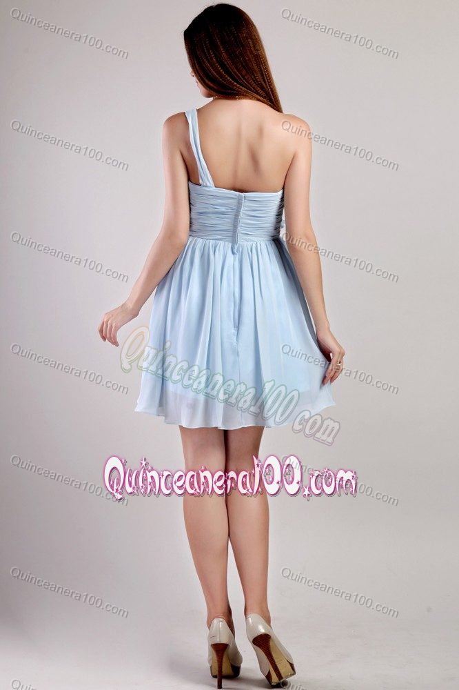 Light Blue Empire One Shoulder Mini-length Dama Dresses For Quinceanera