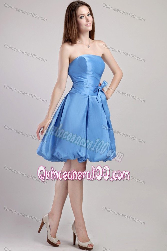 Lovely Blue A-line Strapless Mini-length Dama Dress with a Bow