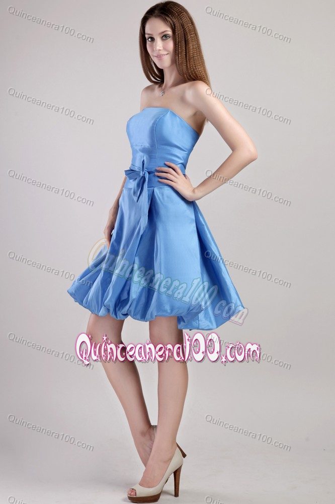 Lovely Blue A-line Strapless Mini-length Dama Dress with a Bow