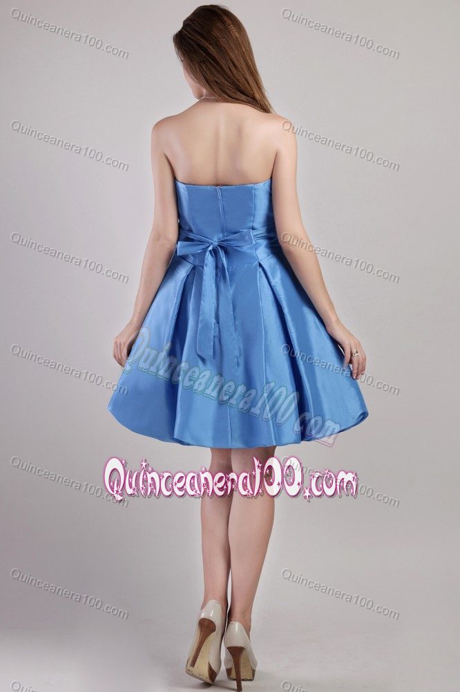 Lovely Blue A-line Strapless Mini-length Dama Dress with a Bow