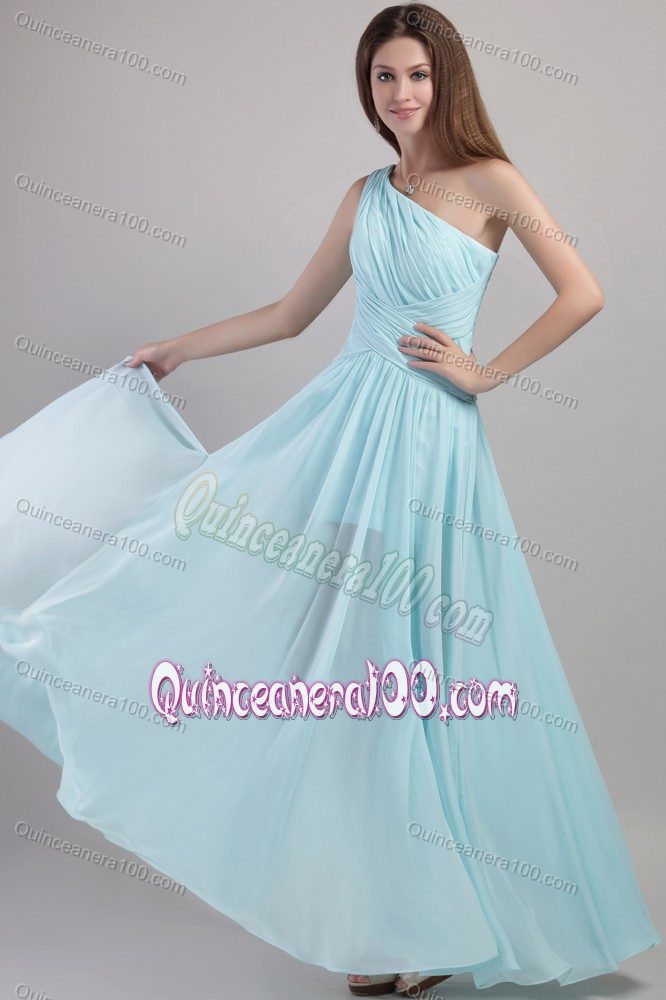 Elegant Light Blue One Shoulder Ankle-length Ruched Quince Dama Dresses