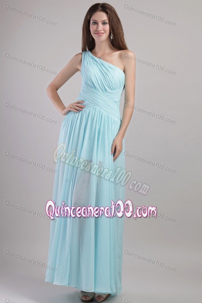 Elegant Light Blue One Shoulder Ankle-length Ruched Quince Dama Dresses