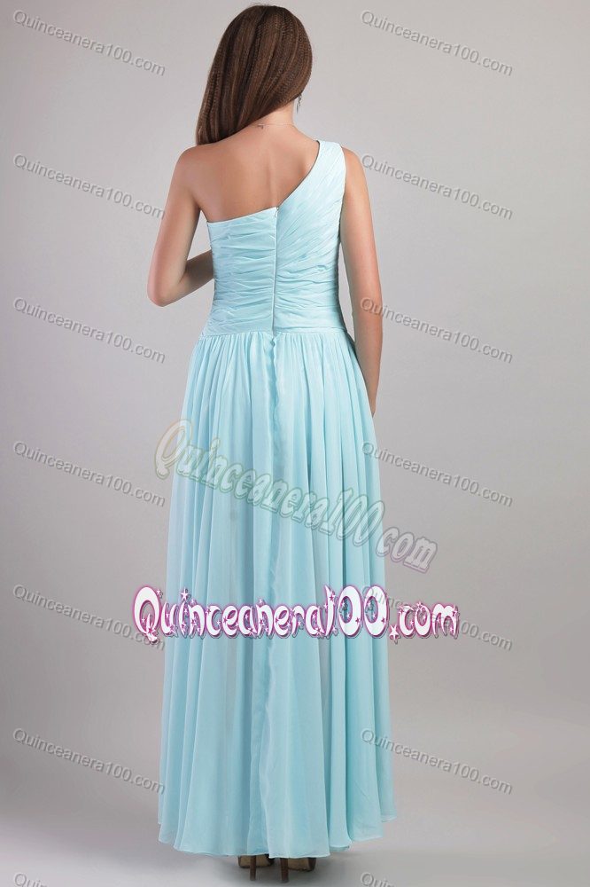 Elegant Light Blue One Shoulder Ankle-length Ruched Quince Dama Dresses