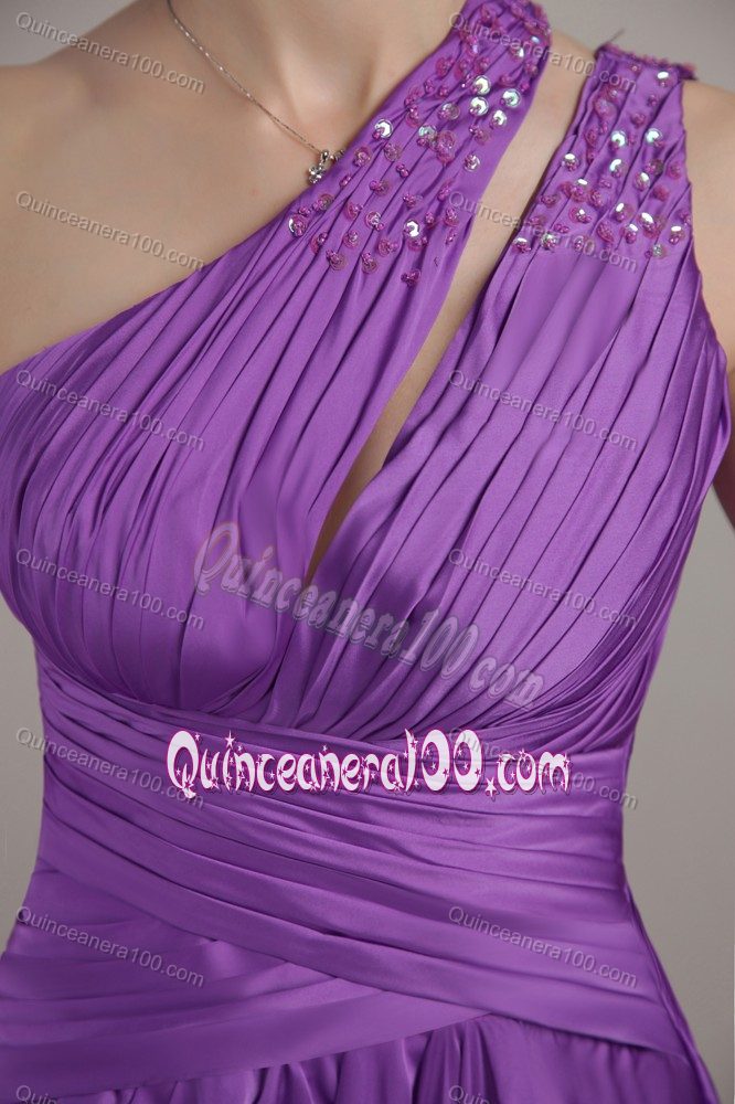 Amazing Beaded Purple One Shoulder Dama Dress for Quinceaneras