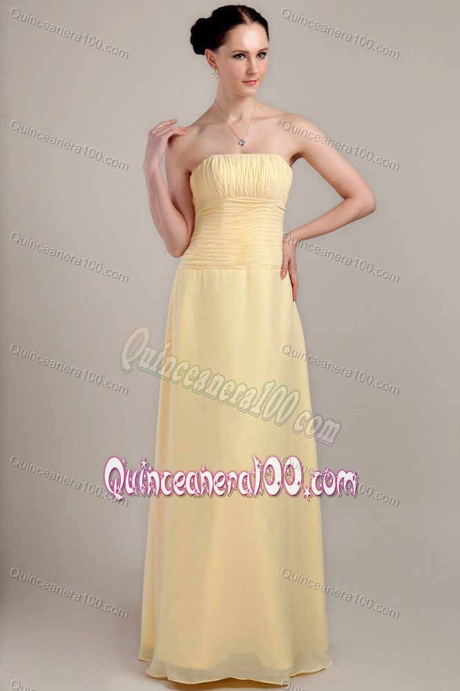 Light Yellow Column Strapless Floor-length Chiffon Ruched Dama Dress