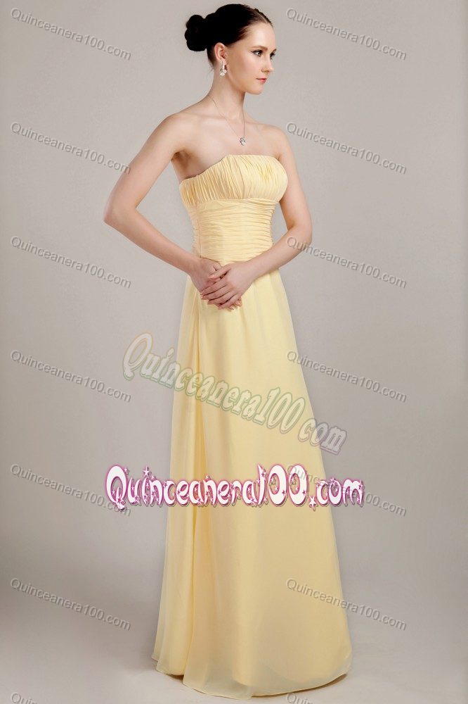 Light Yellow Column Strapless Floor-length Chiffon Ruched Dama Dress