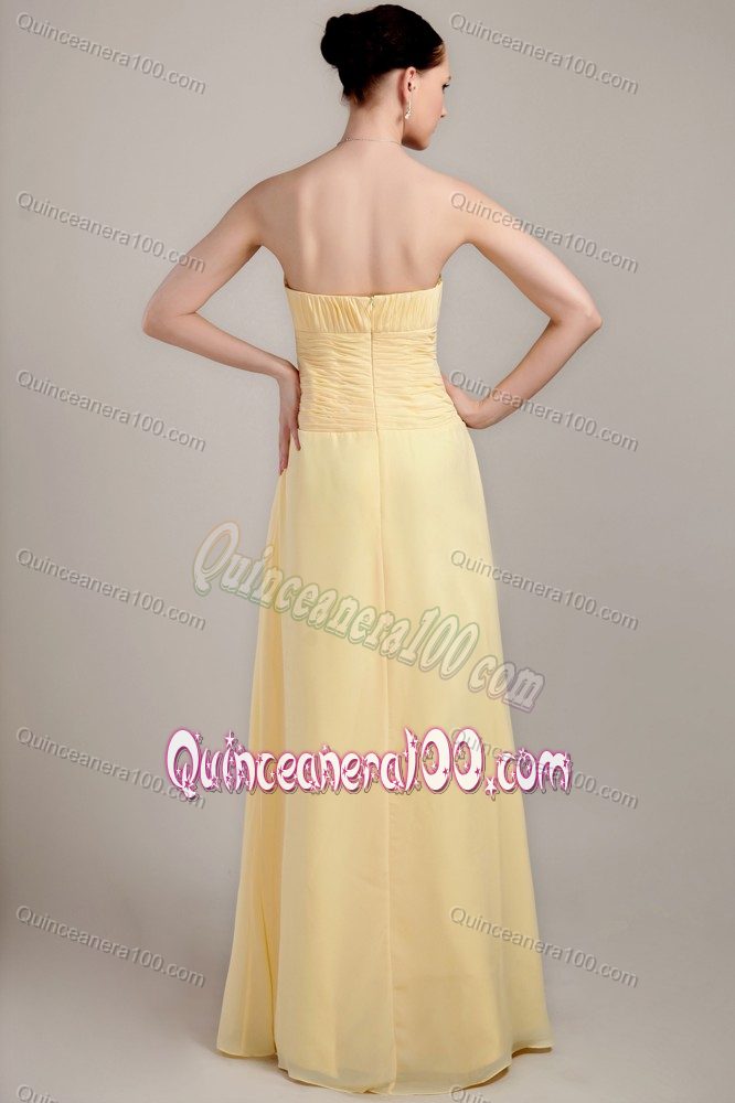 Light Yellow Column Strapless Floor-length Chiffon Ruched Dama Dress