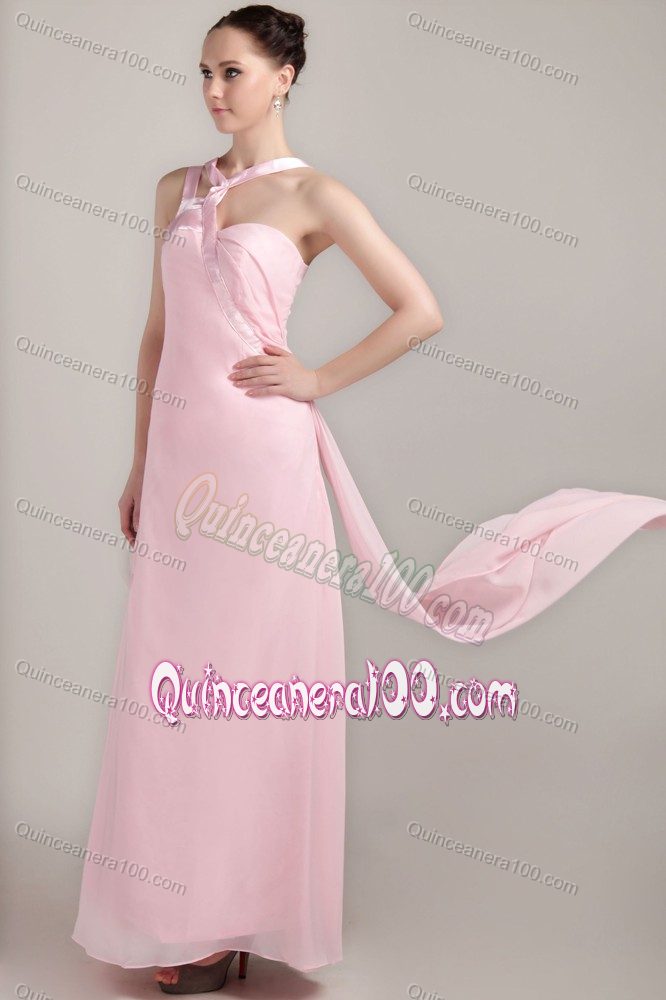 Unique Baby Pink Asymmetrical Straps Ankle-length Chiffon Dama Dress