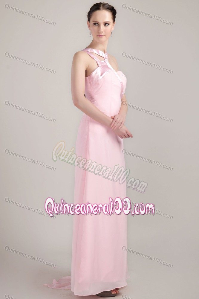 Unique Baby Pink Asymmetrical Straps Ankle-length Chiffon Dama Dress