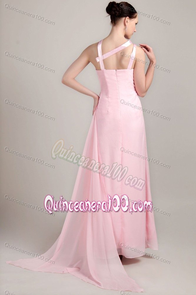 Unique Baby Pink Asymmetrical Straps Ankle-length Chiffon Dama Dress