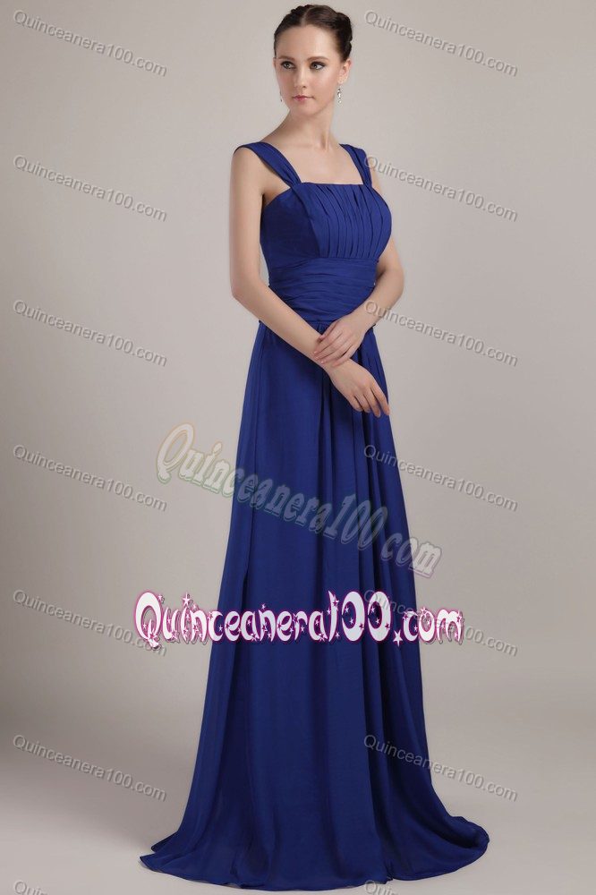 Royal Blue Straps Brush Train Chiffon Ruched Formal Dresses for Dama