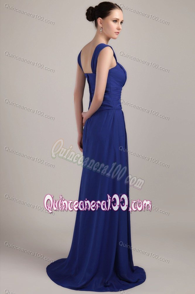 Royal Blue Straps Brush Train Chiffon Ruched Formal Dresses for Dama