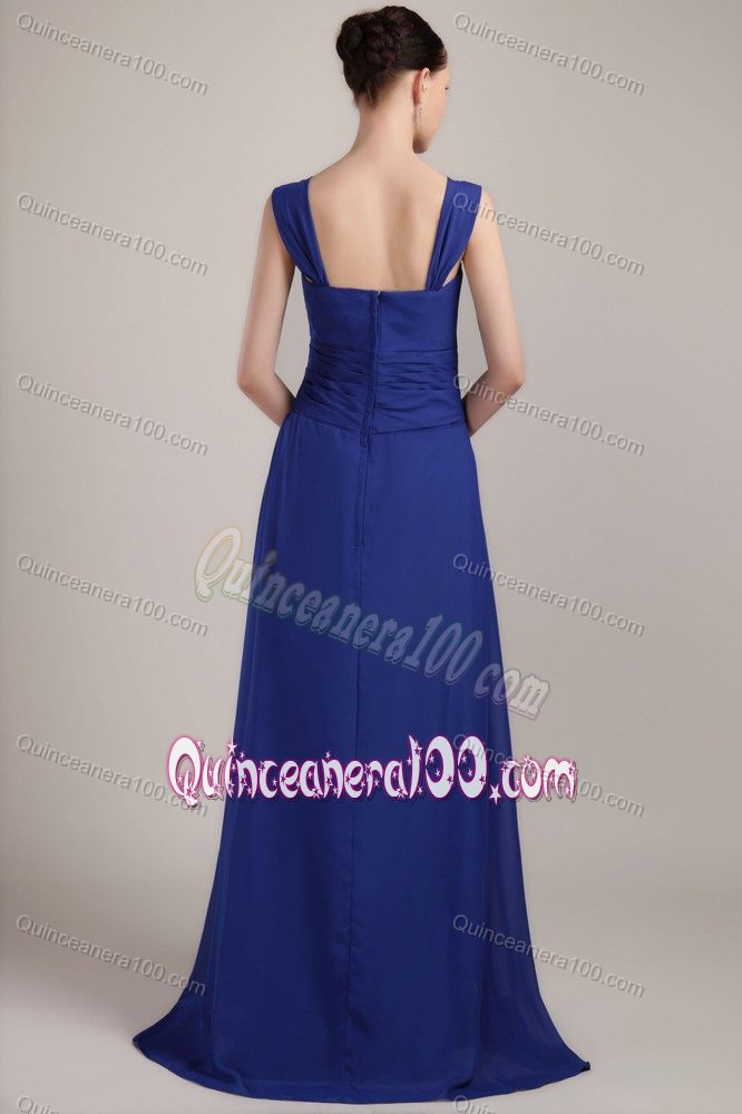 Royal Blue Straps Brush Train Chiffon Ruched Formal Dresses for Dama