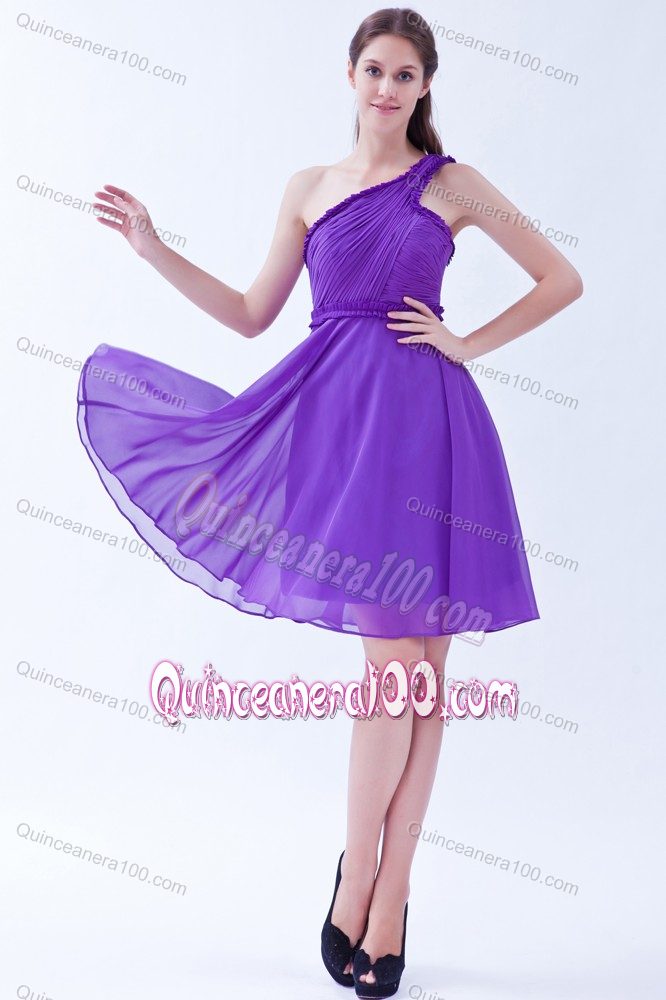 Pretty Purple One Shoulder Chiffon Ruched Prom Dresses for Dama