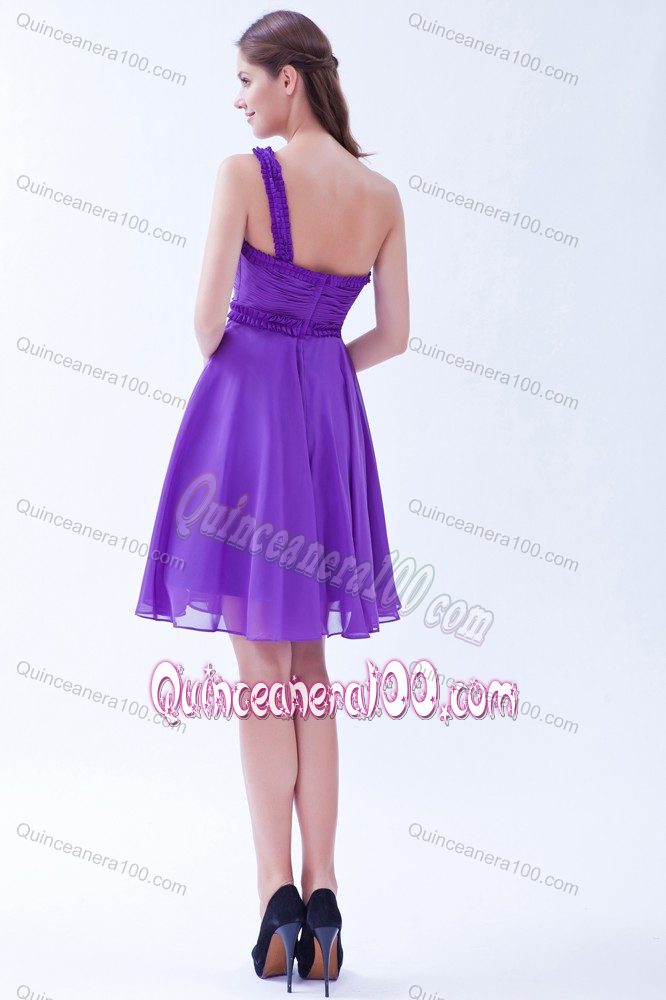 Pretty Purple One Shoulder Chiffon Ruched Prom Dresses for Dama