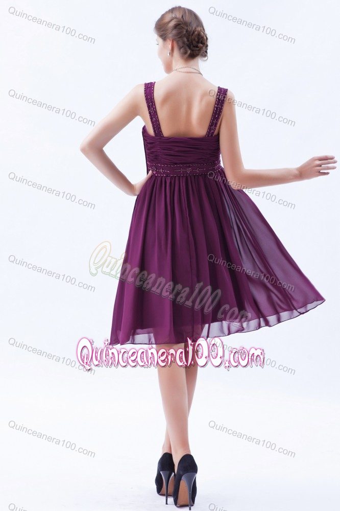 Dark Purple Beaded Straps Chiffon Cocktail Dresses for Dama