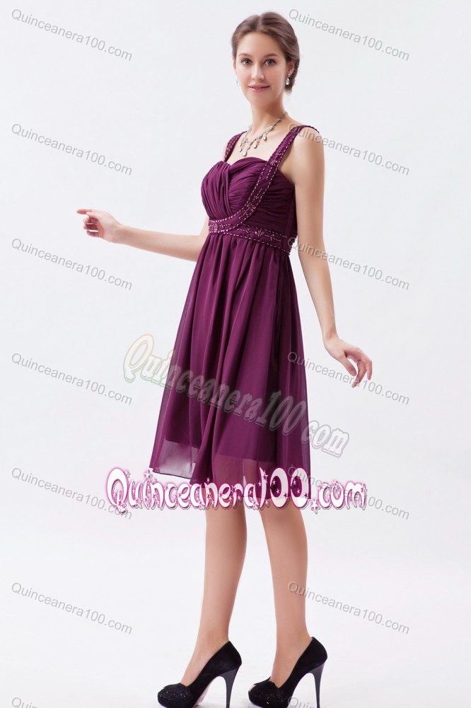 Dark Purple Beaded Straps Chiffon Cocktail Dresses for Dama