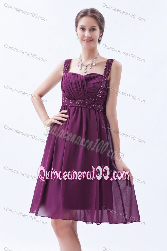 Dark Purple Beaded Straps Chiffon Cocktail Dresses for Dama