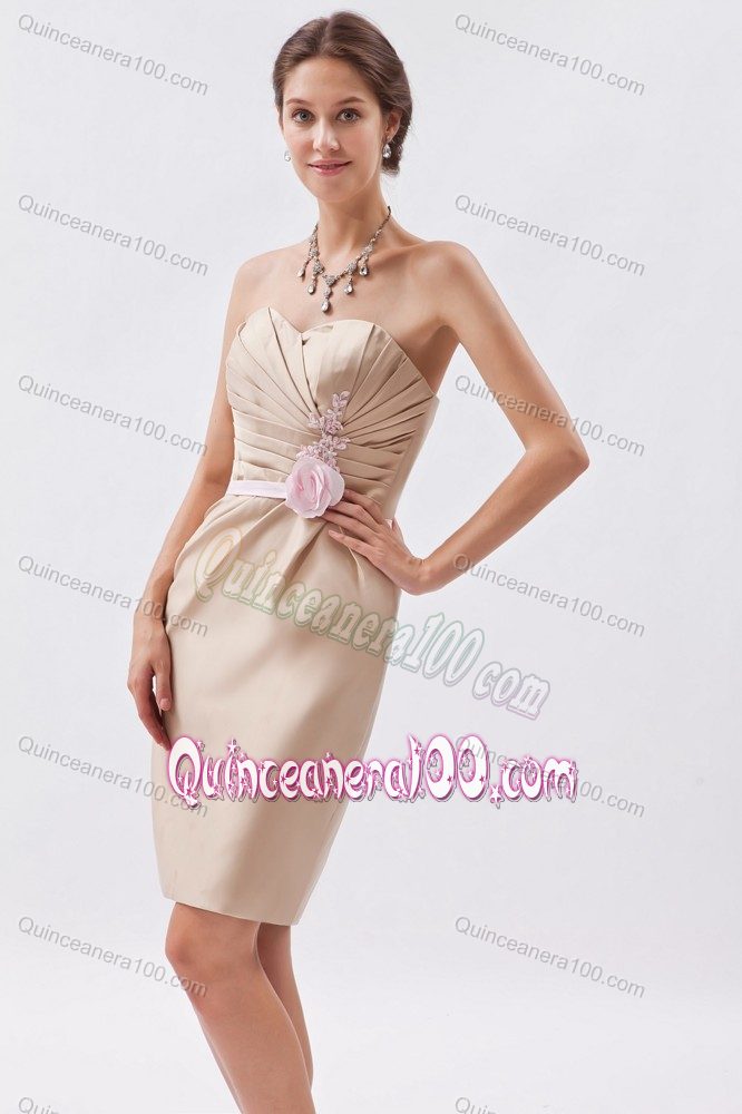 Champagne Sweetheart Mini-length Dama Dress with Hand Made Flower