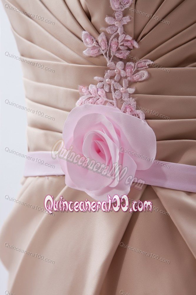 Champagne Sweetheart Mini-length Dama Dress with Hand Made Flower