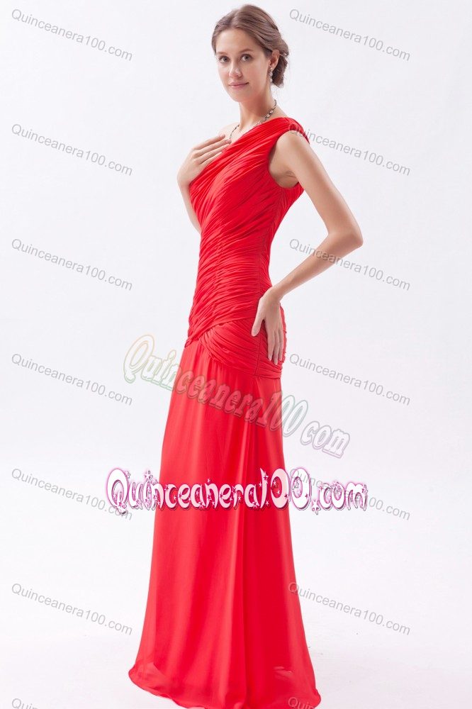 Modern Red One Shoulder Chiffon Ruched Prom Dresses for Dama