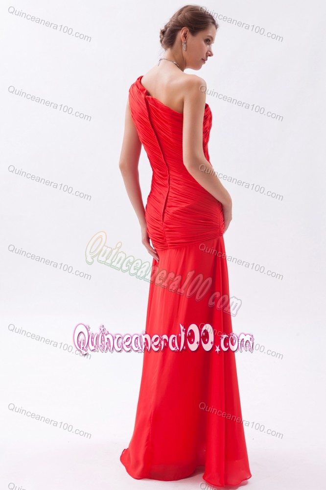 Modern Red One Shoulder Chiffon Ruched Prom Dresses for Dama