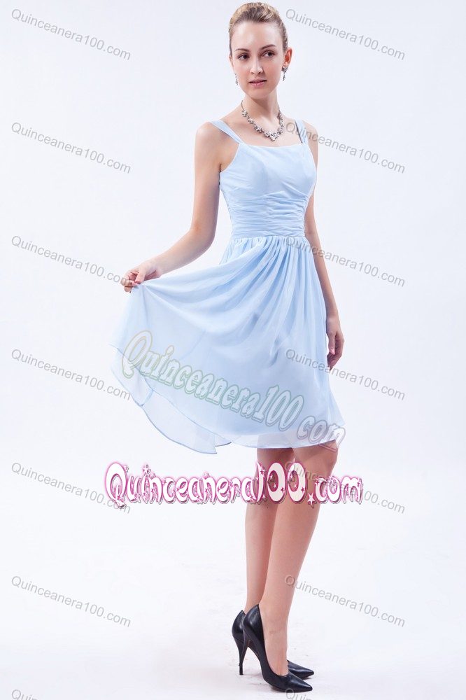 Latest Baby Blue Straps Knee-length Chiffon Ruched Dresses for Damas