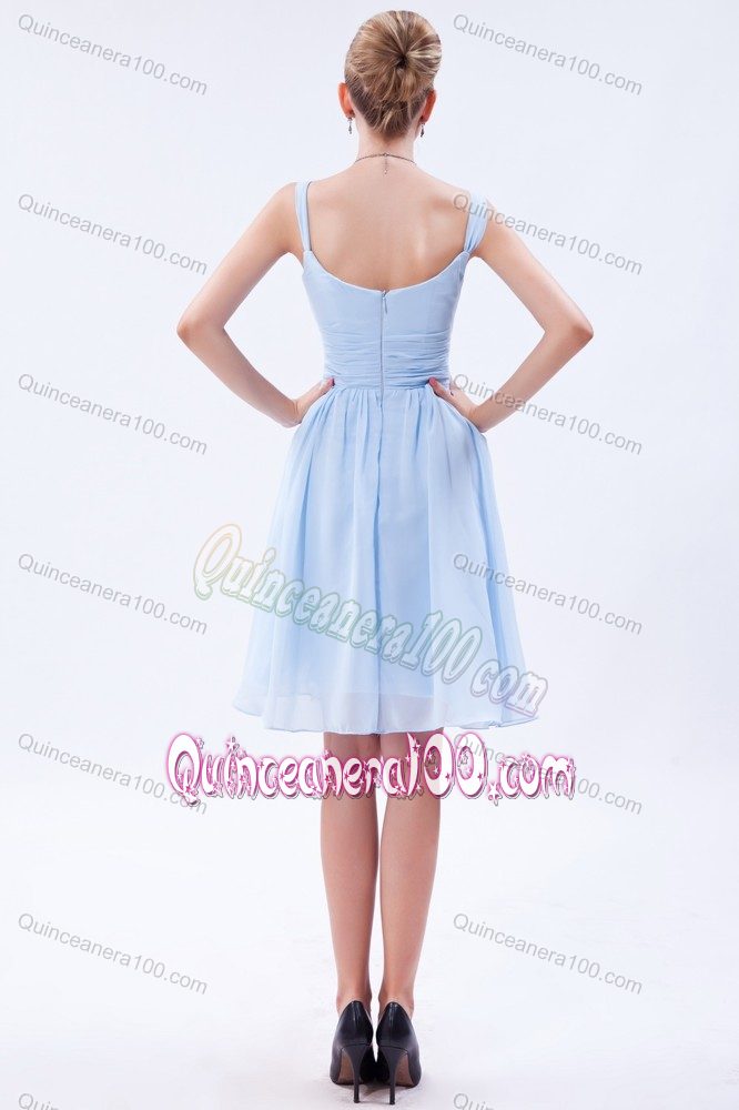 Latest Baby Blue Straps Knee-length Chiffon Ruched Dresses for Damas