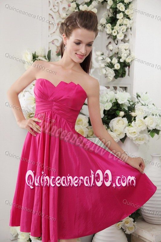 Discount Strapless Knee-length Taffeta Hot Pink Quince Dama Dresses