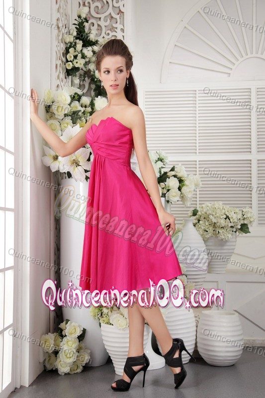 Discount Strapless Knee-length Taffeta Hot Pink Quince Dama Dresses