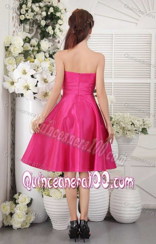 Discount Strapless Knee-length Taffeta Hot Pink Quince Dama Dresses