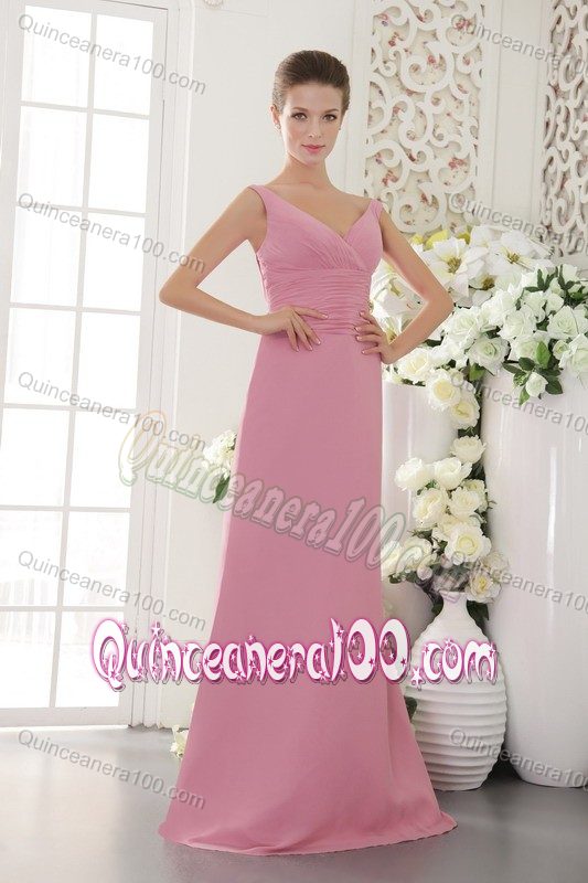 Baby Pink V-neck Chiffon Prom Dresses for Dama with Brush Train