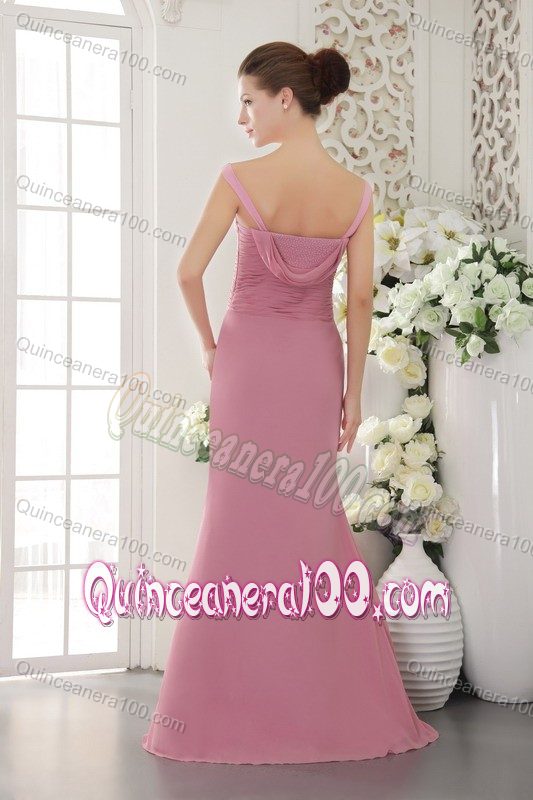 Baby Pink V-neck Chiffon Prom Dresses for Dama with Brush Train