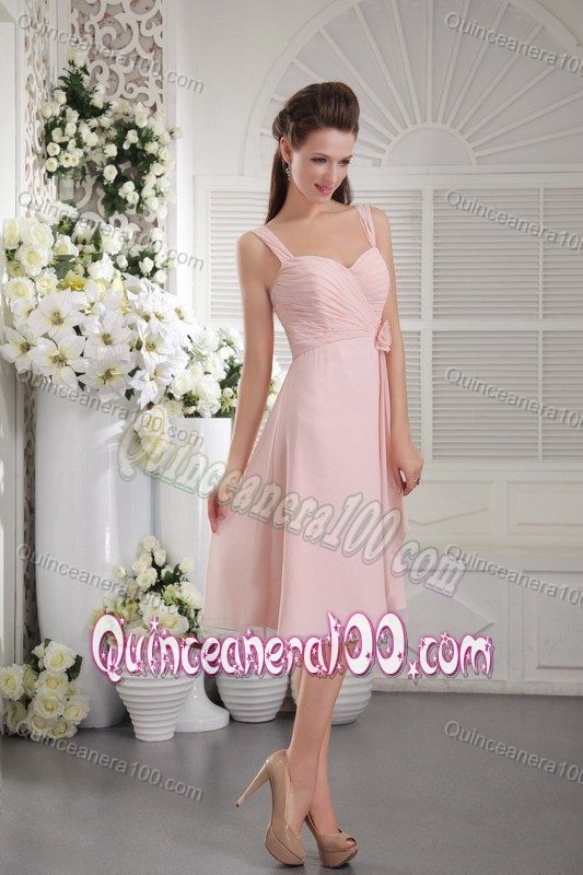 Baby Pink Straps Tea-length Chiffon Dama Dresses with Hand made Flower