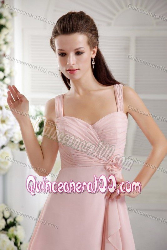 Baby Pink Straps Tea-length Chiffon Dama Dresses with Hand made Flower